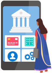 Aufkleber - concept for mobile banking and online payment. flat vector with indian woman and phone. smartphone s