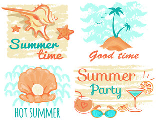 Wall Mural - Good time banner hand drawn quote. Summer beach party related positive motivational lettering. Island vacation concept with palm trees and ocean. Perfect for prints, posters, travel agency advertising