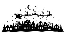 Santa Claus Flies In A Sleigh With Reindeer Over The City. Christmas Card. Template For Laser Or Paper Cutting, Printing On T-shirts, Mugs. Vector Illustration.