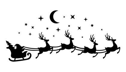Santa's sleigh with reindeer flies across the sky.Vector silhouette.Template for laser, paper cutting, printing on T-shirts, mugs. Christmas illustration.Isolated on white background.