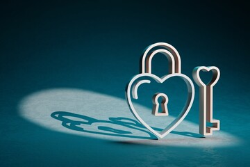 Fototapete - Beautiful abstract illustrations Heart Padlock symbol icon on a dark blue background. 3d rendering illustration. Wedding day.