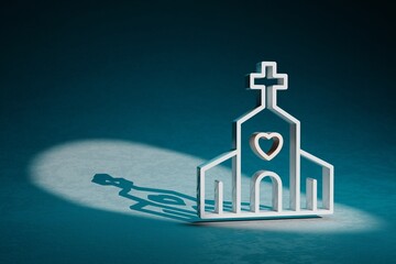 Poster - Beautiful abstract illustrations Wedding Church with heart symbol icon on a dark blue background. 3d rendering illustration. Wedding day.