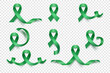 Vector 3d Realistic Emerald Green Ribbon Set. Liver Cancer Awareness Symbol Closeup. Cancer Ribbon Template. World Liver Cancer Day Concept