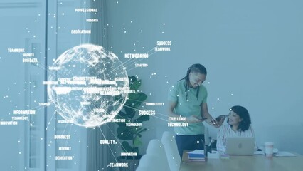 Poster - Animation of globe over biracial man and disabled woman sitting in wheelchair