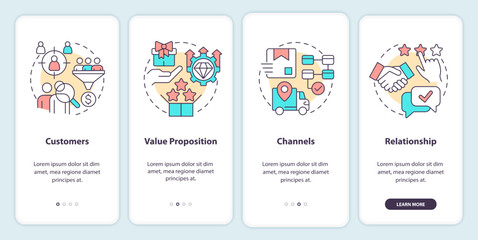 Business model canvas onboarding mobile app screen. Management walkthrough 4 steps editable graphic instructions with linear concepts. UI, UX, GUI template. Myriad Pro-Bold, Regular fonts used