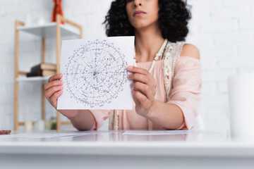 Wall Mural - partial view of blurred astrologer holding constellation map at home.