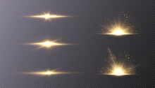 Set Of Light Effects Golden Glowing Light Isolated On Transparent Background. Solar Flare With Rays And Glare. Glow Effect. Starburst With Shimmering Sparkles.