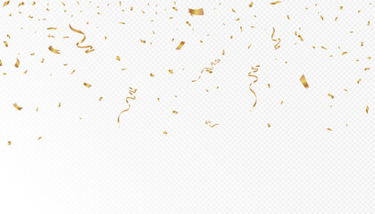 Wall Mural - Confetti on a transparent background. Falling shiny golden confetti. Bright golden festive tinsel. Festive design elements for web banner, poster, flyer, invitation