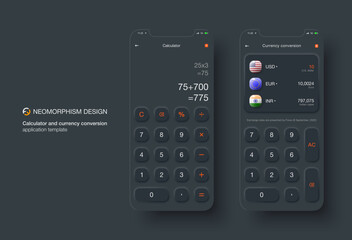 UI Calculator and currency converter in Neomorphism design. User app design in black realistic style with shadow. Vector illustration