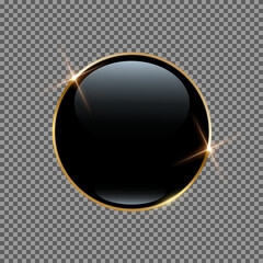 Fototapete - 3d round black glossy button with gold ring frame, badge of circle shape, reflection
