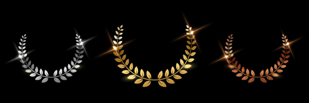 Golden, silver and bronze award signs with laurel wreath isolated on black background. Vector award design templates