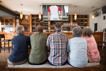 Poster - Group of senior people watching football match siting together in bar