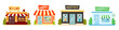© backup_studio - Shops facades illustrations set. Family bakery, grocery store exterior. Clothes fashion boutique isolated clipart. Pharmacy, drugstore building design element. Shopping, commerce, trade