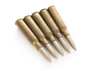 For Ww1 Japanese Military Rifle Ammo Brass Sharp Nosed Bullet Rounds Cartridges Casings On White Background. 6.5 Made By Kynoch For Russia In 1916 
