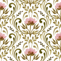 Seamless damask pattern in Victorian era style. Romantic floral surface design for vintage wallpaper and elegant fabrics. Hand-drawn watercolor elements: pink flowers and green foliage ornament