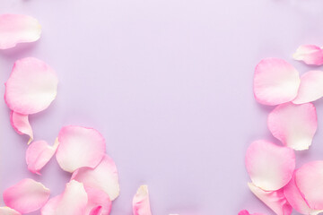 Wall Mural - Rose flowers petals on pastel background. Valentines day background. Flat lay, top view, copy space.