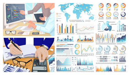 Poster - infographics and world map, figures calculations by businessman vector. examining and researching, b