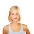 Face portrait of a serious, blonde woman with attitude on a png, transparent and mockup or isolated background. A cute girl from Sweden with confident and empowerment mindset