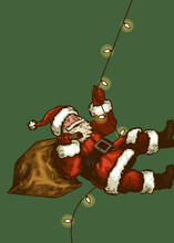 Santa Claus Climbing Christmas Lights Garland Carrying Sack Full Of Presents.