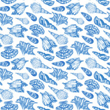 Watercolor Sea Shell Background In Blue Color. Seashells Seamless Pattern