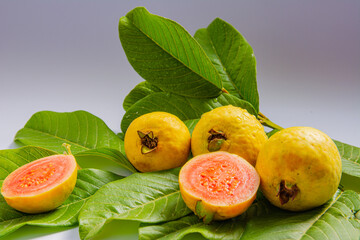 Wall Mural - Ripe yellow fruits and leaves of guava on a white background. Beautiful fruits of common tropical fruit Psidium guajava. Delicious and healthy organic food for a healthy diet.