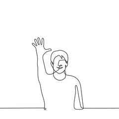 Wall Mural - man raised his hand and smiles - one line drawing vector. concept a man with a smile greets the viewer, say hello or say goodbye