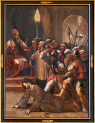 Wall Mural - LUZERN, SWITZERLAND - JUNY 24, 2022: The painitng of Judgment of Jesus before Caiphas in the church St. Leodegar im Hof by unknown artist of 17. cent.