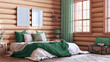 Log cabin bedroom in green and beige tones. Double bed with blanket and duvet, carpet and parquet. Frame mockup, farmhouse interior design