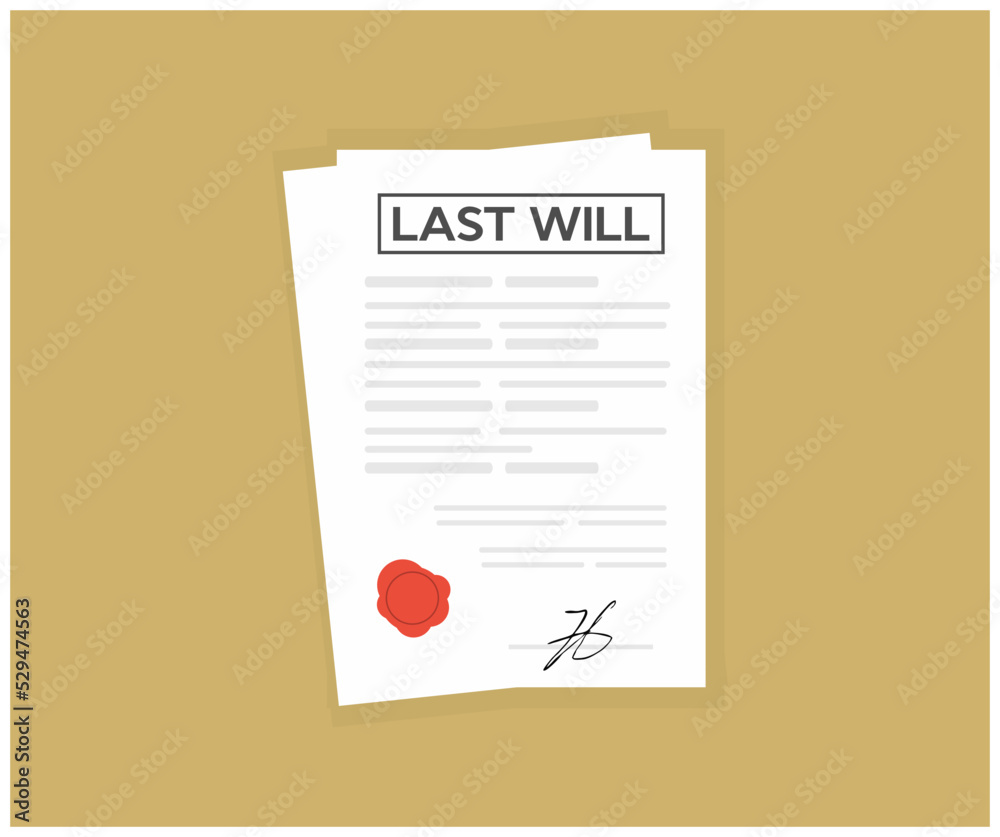 Signed last will. Document with stamp. Notarized testament logo design. Apostille and Notary services. Registration of the last will and testament vector design and illustration.