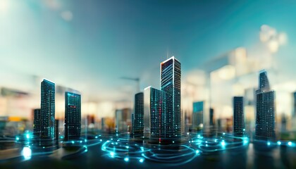 Fototapete - Futuristic infrastructure of a smart night city. Blue neon colors. Connection technology metaverse concept. Night city banner with big data. Device connection. 3d artwork	