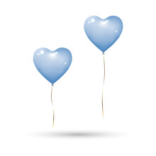 Heart Balloons In Pastel Blue Solid Colour With Gold Ribbons. Isolated On White Background With Shadow, Mockup Template Object. Realistic 3D Vector Illustration.