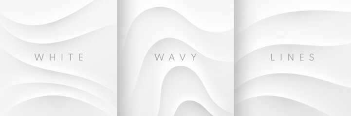 Wall Mural - Set of abstract 3D waves ripples pattern on white background. Curve topography contour lines texture with light and shadow. Use for banners, web, brochure, cover, poster, print ad., etc. Vector EPS10.