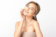 © Shutter B - Bbeautiful young asian woman clean fresh bare skin concept. Asian girl beauty face skincare and health wellness hold hand under chin, Facial treatment, Natural make up. Isolated on white background.