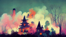 Illustration Graphic Of Colorful Witch House  Hand Draw Style  Good For Halloween Poster, Card , Background Or Edit And Customize Your Design