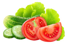 Fresh Salad Vegetables (cucumber, Tomato And Lettuce) Cut Out