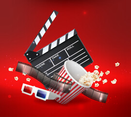 Wall Mural - 3d realistic vector icon illustration. Movie night time background. With red bucket of popcorn, movie clap board, movie roll and 3d glasses. Isolated on red background.