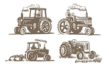 Old Tractor Set Vector. Farmer Driver