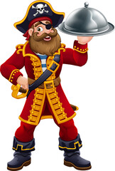 Canvas Print - Pirate Captain Cartoon Chef and Food Plate Platter