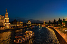 Night City Landscape With Kremlin Embankment, Cathedral Of Christ The Saviour And Moscow River