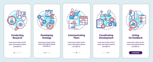 Product management onboarding mobile app screen. Business walkthrough 5 steps graphic instructions with linear concepts. UI, UX, GUI template