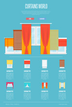 Curtains World Concept In Flat Design Vector Illustration. Window With Colorful Curtains, Jalousie, Drapery, Shades, Blinds Collection. Design Studio Of Window Treatments, Interior Elements Retail