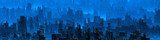 Fototapeta Miasto - Science fiction neon city night panorama - 3D illustration of dark futuristic sci-fi city lit with bright neon lights