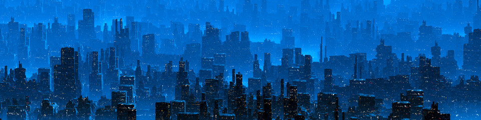 science fiction neon city night panorama - 3d illustration of dark futuristic sci-fi city lit with b