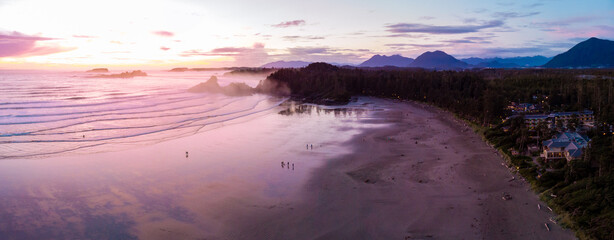 Aerial view over Tofino Pacific Rim national park with a drone from above Cox Bay Vancouver Island Canada. Sunset at long beach Tofino Vancouver Island