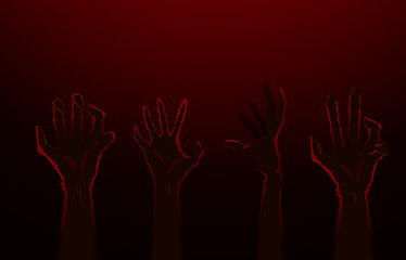 Silhouette's bloodthirsty zombie hand and arm reach out to kill in the dark background. Halloween monster and spirit concept.