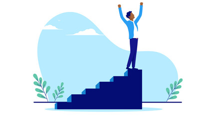 Aufkleber - Black man having career and business success - Casual ethnic businessman in triumph on top of staircase with hands raised, winning and cheering. Flat design vector illustration with white background