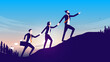 © Knut - Business leadership and teamwork illustration with team of people walking  up hill towards top and success. cooperation and team spirit concept