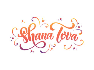 Wall Mural - Shana Tova handwritten text (Jewish New Year). Template for invitation, card, logo, icon, banner. Vector colorful illustration. Hand lettering typography. Modern brush calligraphy