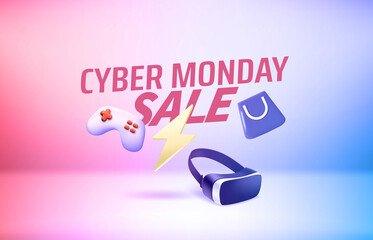 Aufkleber - Cyber monday sale banner with accessories. 3d vector illustration