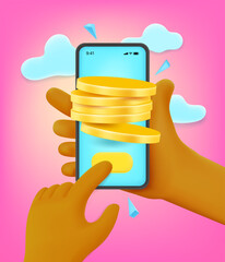 Leinwandbilder - Man mining money via smartphone. 3d style vector illustration